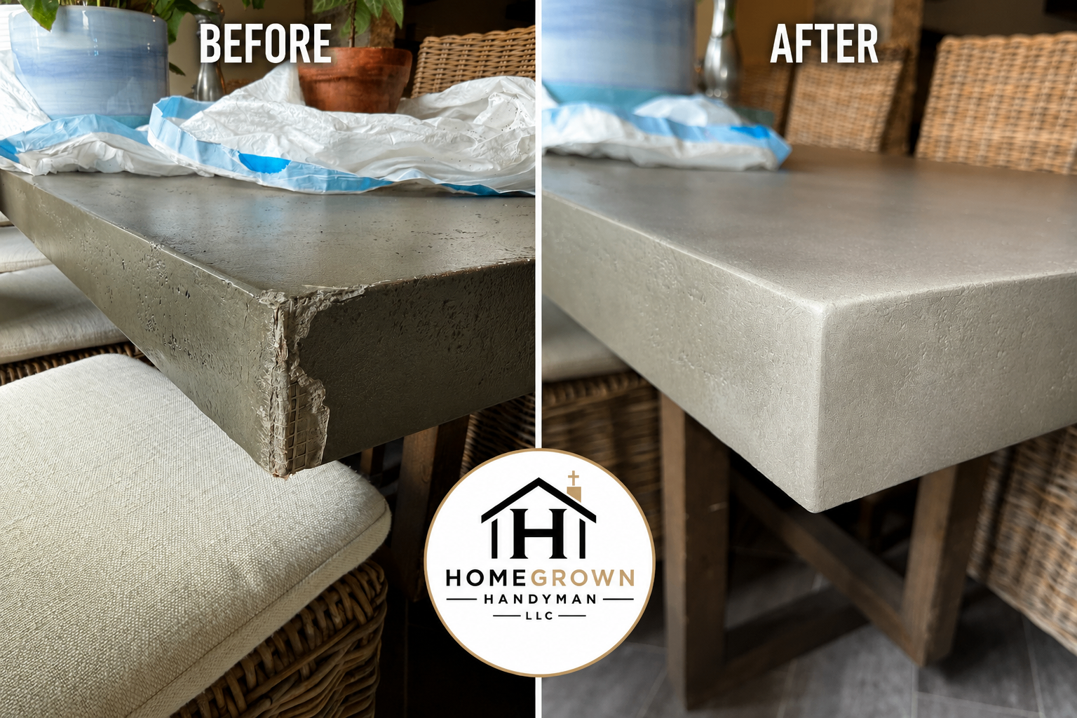 Side-by-side before and after of a chipped concrete dining table corner rebuilt smooth and flush to match the surrounding slab