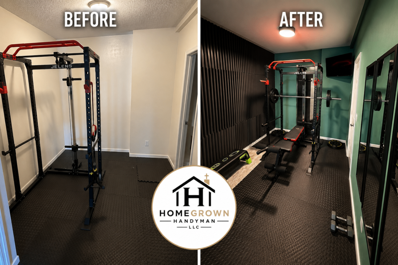 Side-by-side before and after of a small home gym: a plain white room with a power rack transformed into a finished gym with a vertical black slat accent wall, teal painted walls, mounted TV, and full-length mirrors