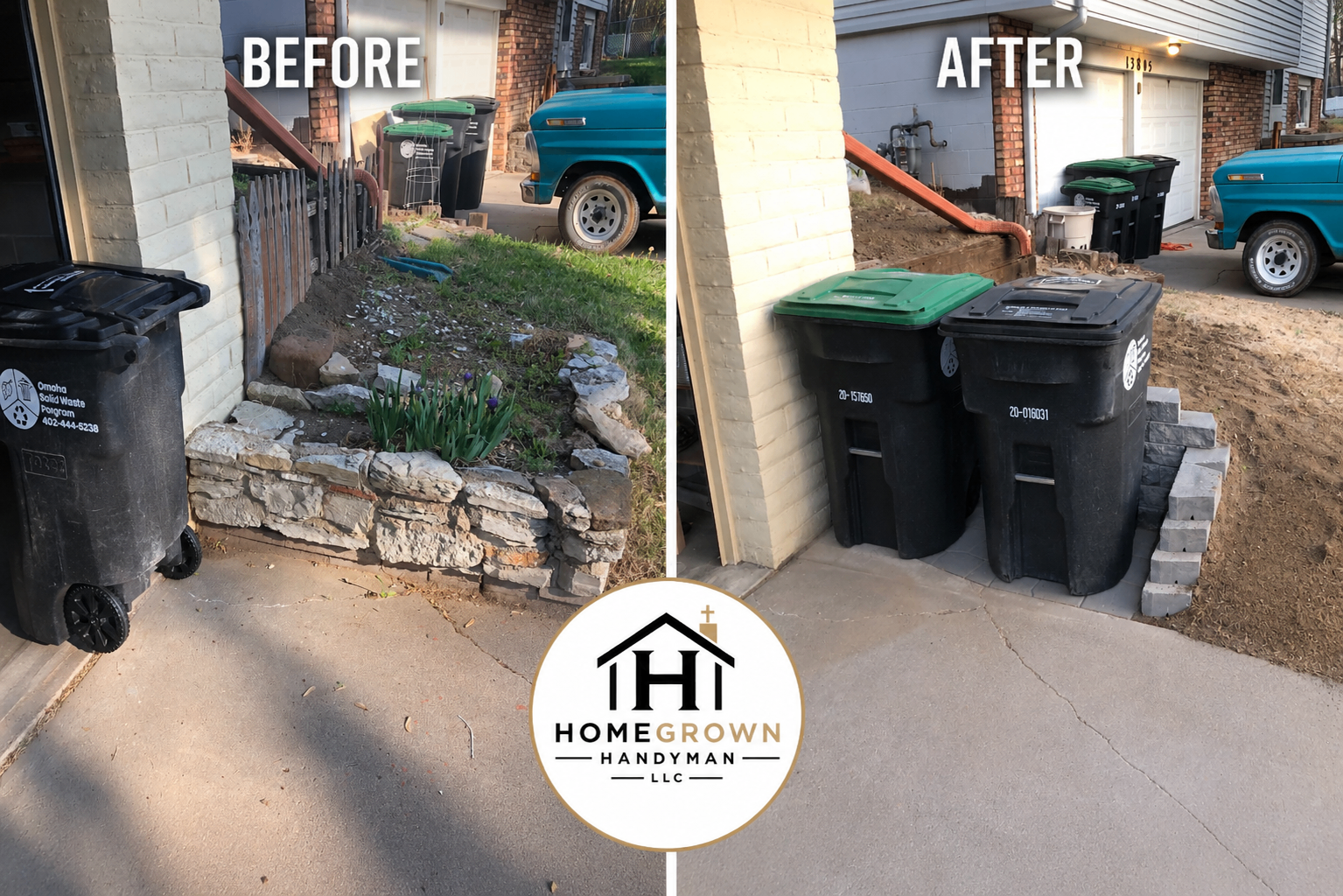 Side-by-side before and after of a side-yard trash bin area, replacing a crumbling stacked-stone bed with a clean stacked-block retaining wall and level pad